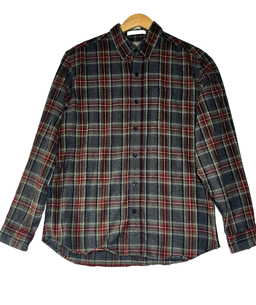 LL Bean Scotch Plaid Flannel Shirt Mens M Gray Red Traditional Fit